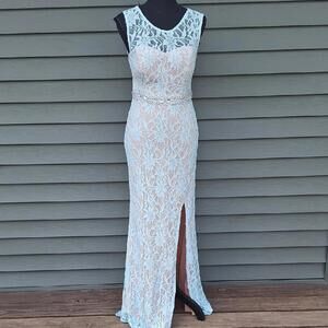 Way In Blue overlay cream Formal Long Side Slit Gown Dress Size 9 FITS SMALL